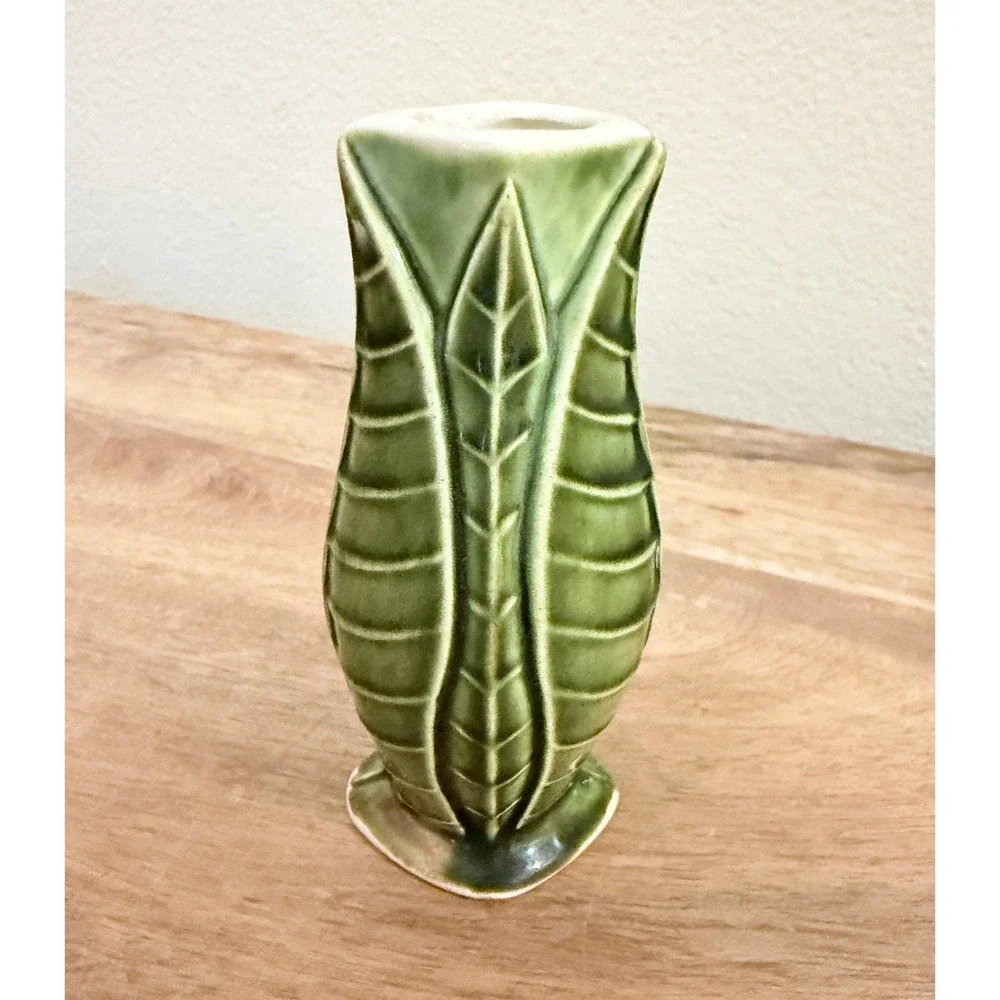 Vintage Bud Vase Green Leaf Motif Ceramic Small 4in